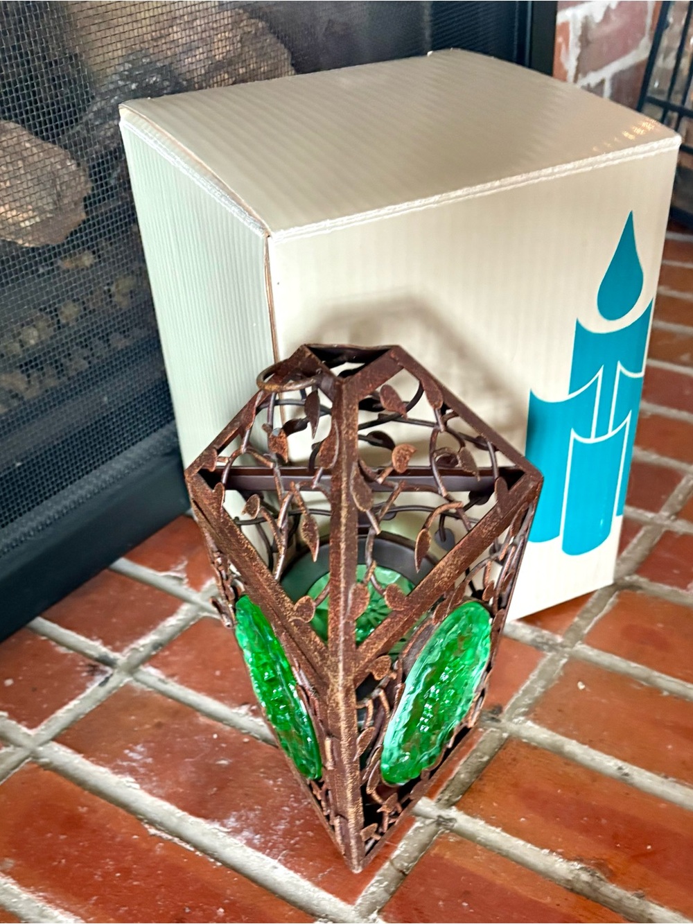 Retired PartyLite La Rosetta hanging lantern Metal & Green Glass Rustic Floral - Picture 7 of 11
